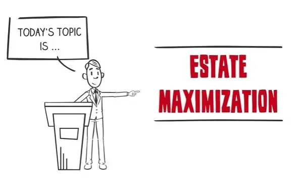 Cartoon presenter at podium discussing estate maximization for financial planning. Statera Financial Planners logo visible.
