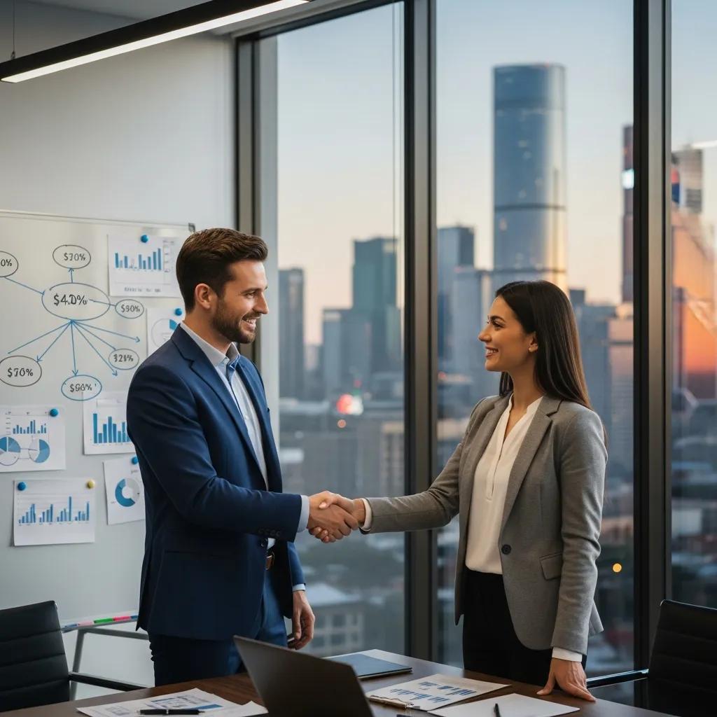Business partners shaking hands to signify a buy-sell agreement in a modern office
