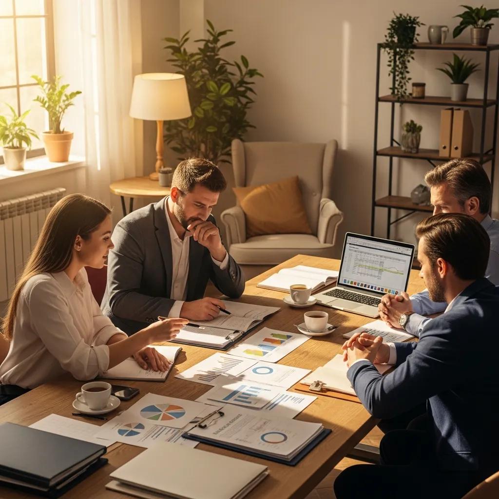 Business professionals discussing a shareholders' buy-sell agreement in a cozy office setting
