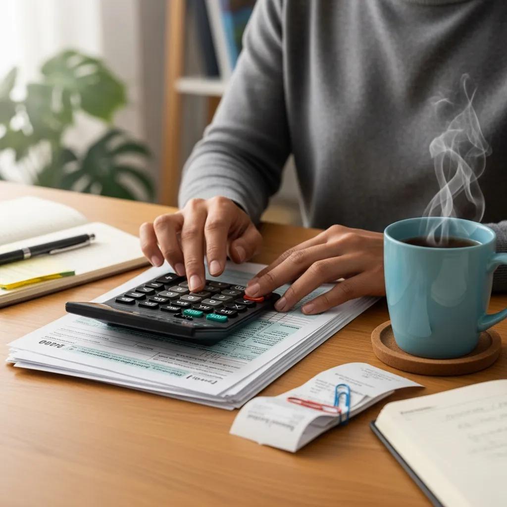 Self-employed individual calculating taxes with forms and a calculator on a desk