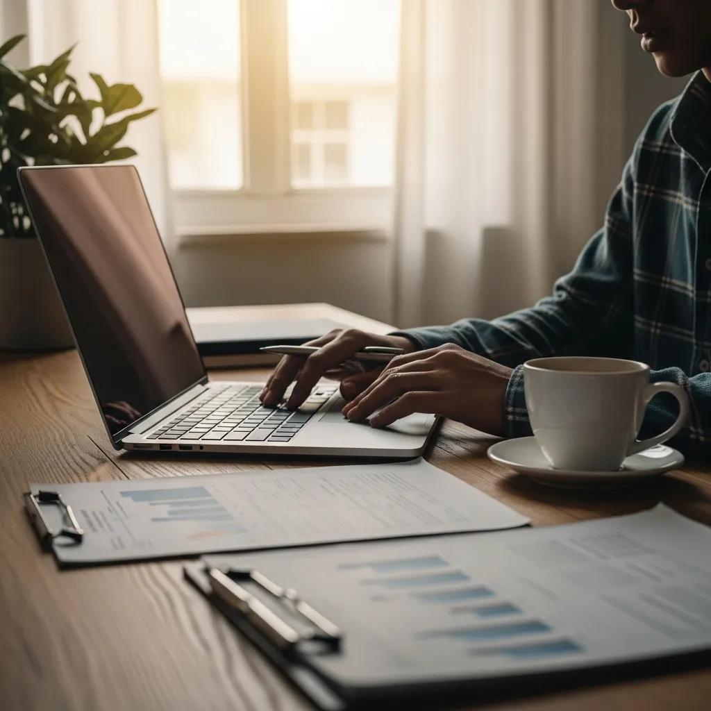 Self-employed individual working at a cozy home office with financial documents and a laptop